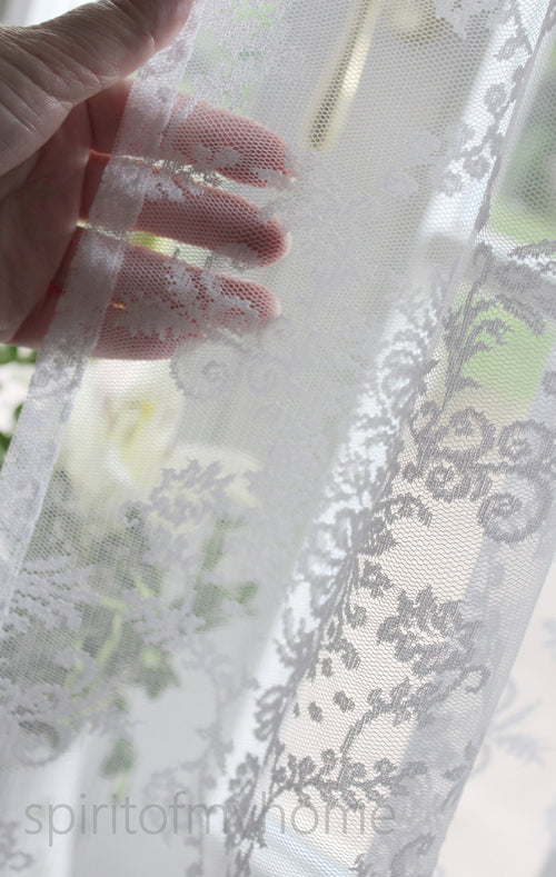 ESTÉE' Fabulously Well Dropped Handmade White lace Curtain with Macrame Lace trim  Sale By the Panel or Custom