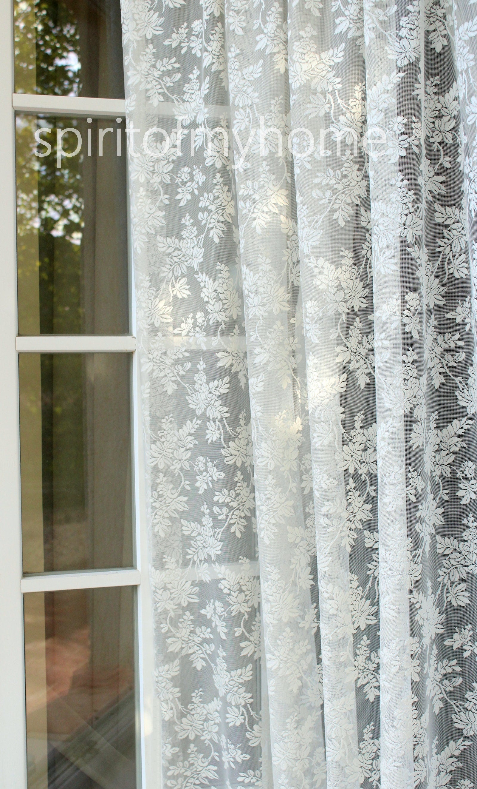 TINA Vintage patterned dark Ivory Net Tulle Lace Curtain Full Lenght W70" 180cm Scalloped Edge Sale By the Yard or Custom