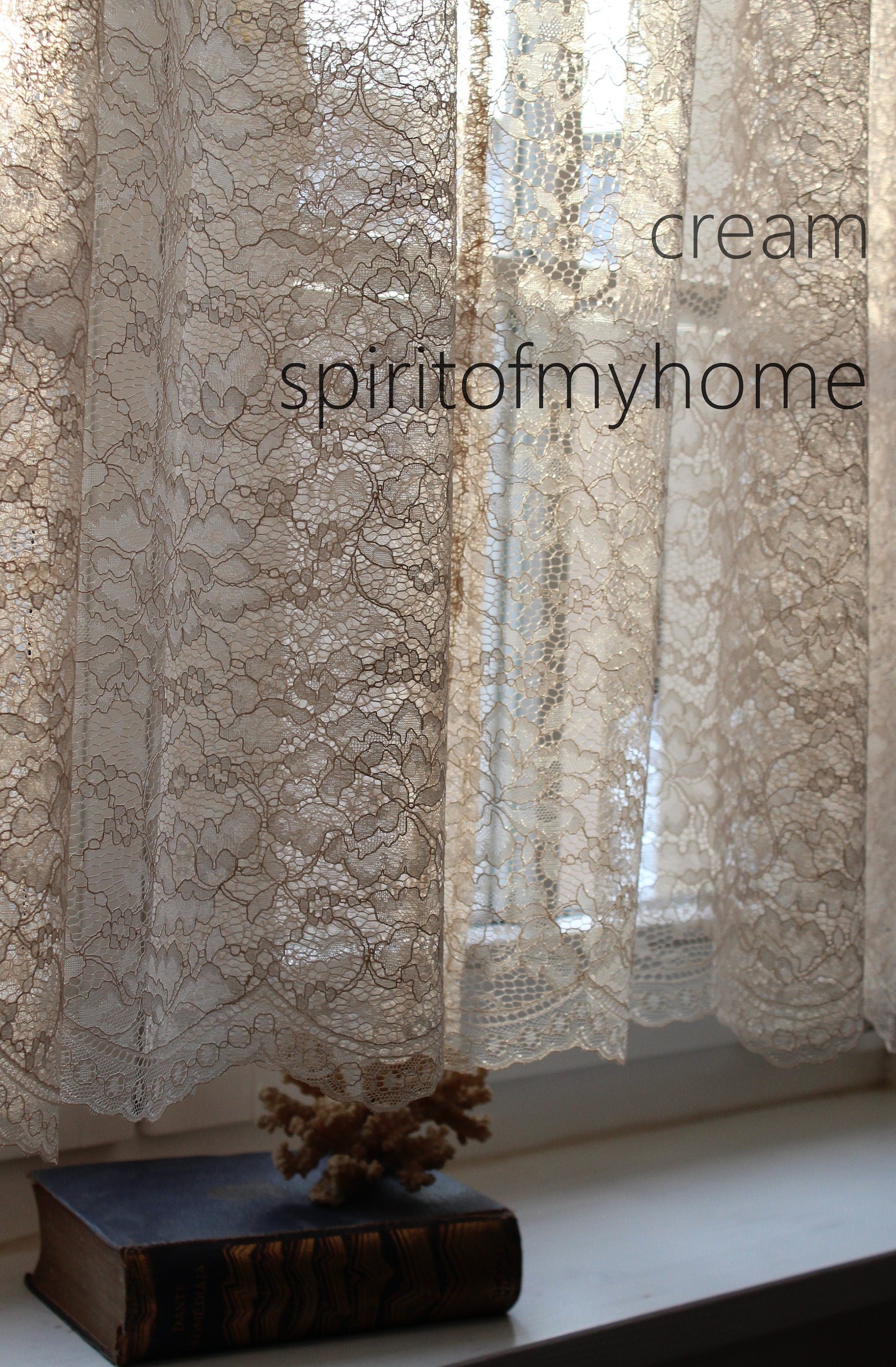 ISABELLE Charming  Rose Patterned  Cream Colored W114"  French Net Lace Curtain Sale By the Yard or Made To Order