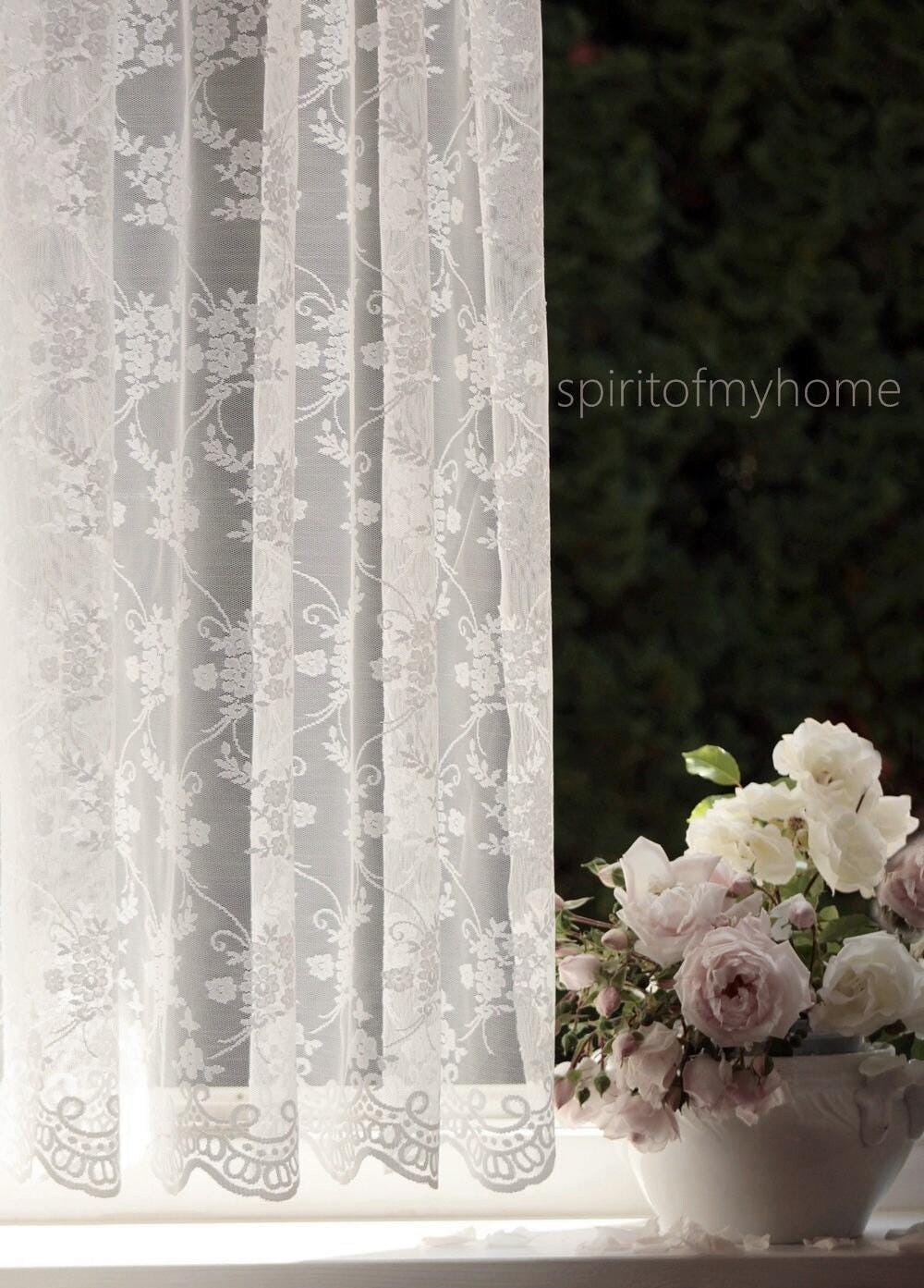 CHANTAL' Romantical French Embroidered Natural white Lace Curtain sale by panel