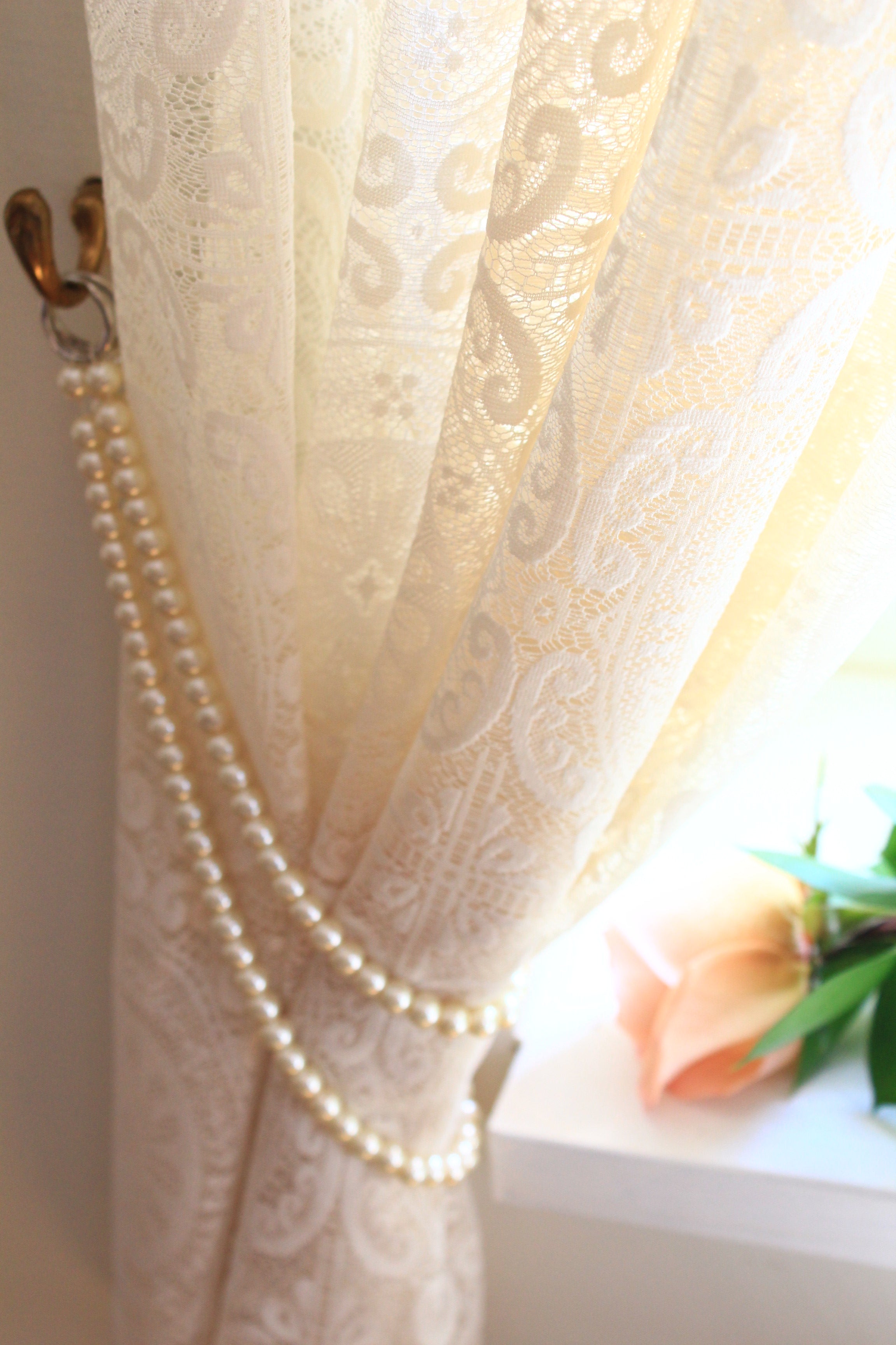 TAMMY Premium Czech Pearl Curtain Tieback | Handmade | White, Ivory