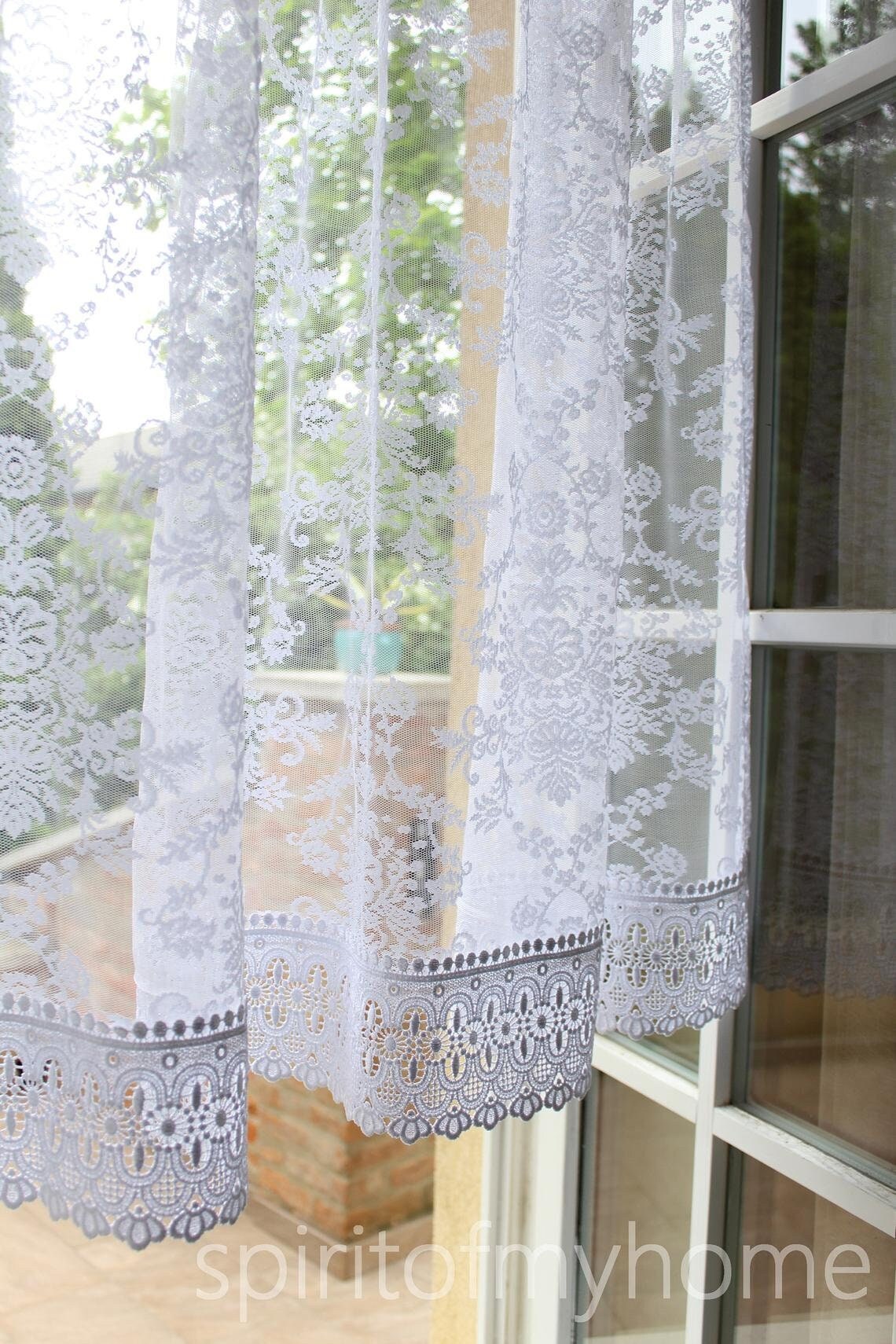 ESTÉE' Fabulously Well Dropped Handmade White lace Curtain with Macrame Lace trim  Sale By the Panel or Custom